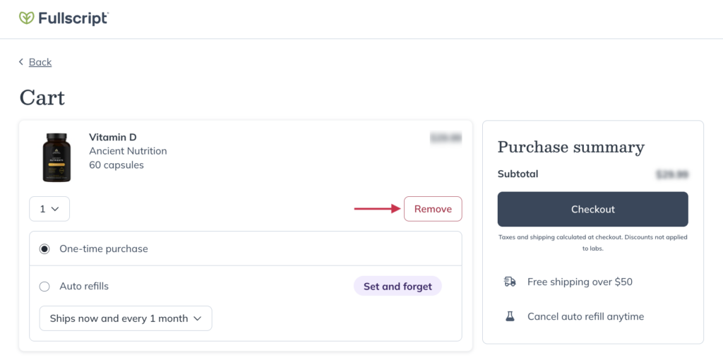 Select Remove to remove a product from your cart.