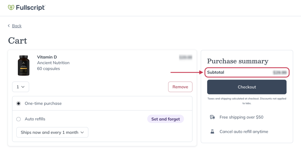 Reviewing the cart subtotal.