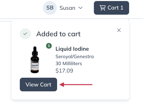 Click View cart to open the cart.