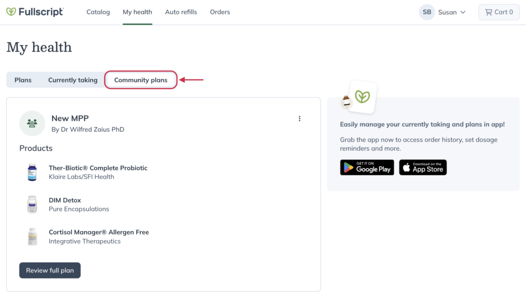 The Community plans tab in the patient experience.