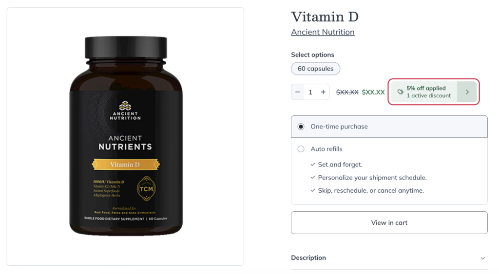 The discount flag next to the discounted price on the product information page.