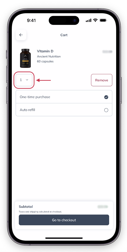 Use the quantity selector to adjust the number of an item in your cart.