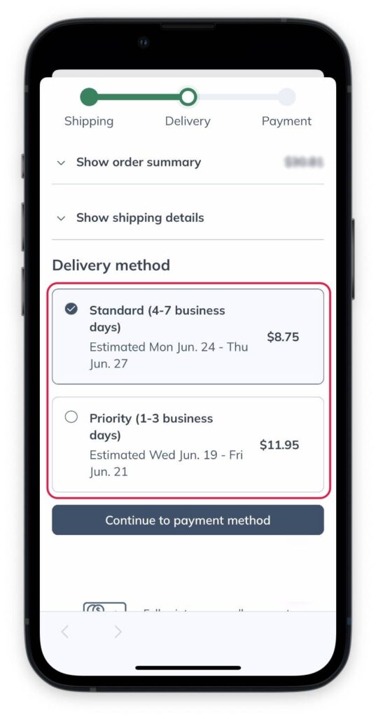 Delivery method selection in checkout.