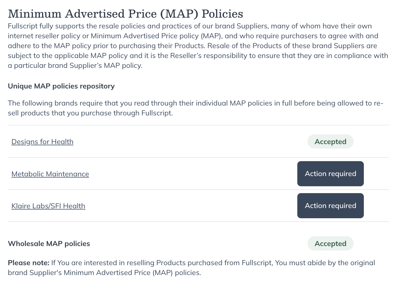 a list of minimum advertised price policies