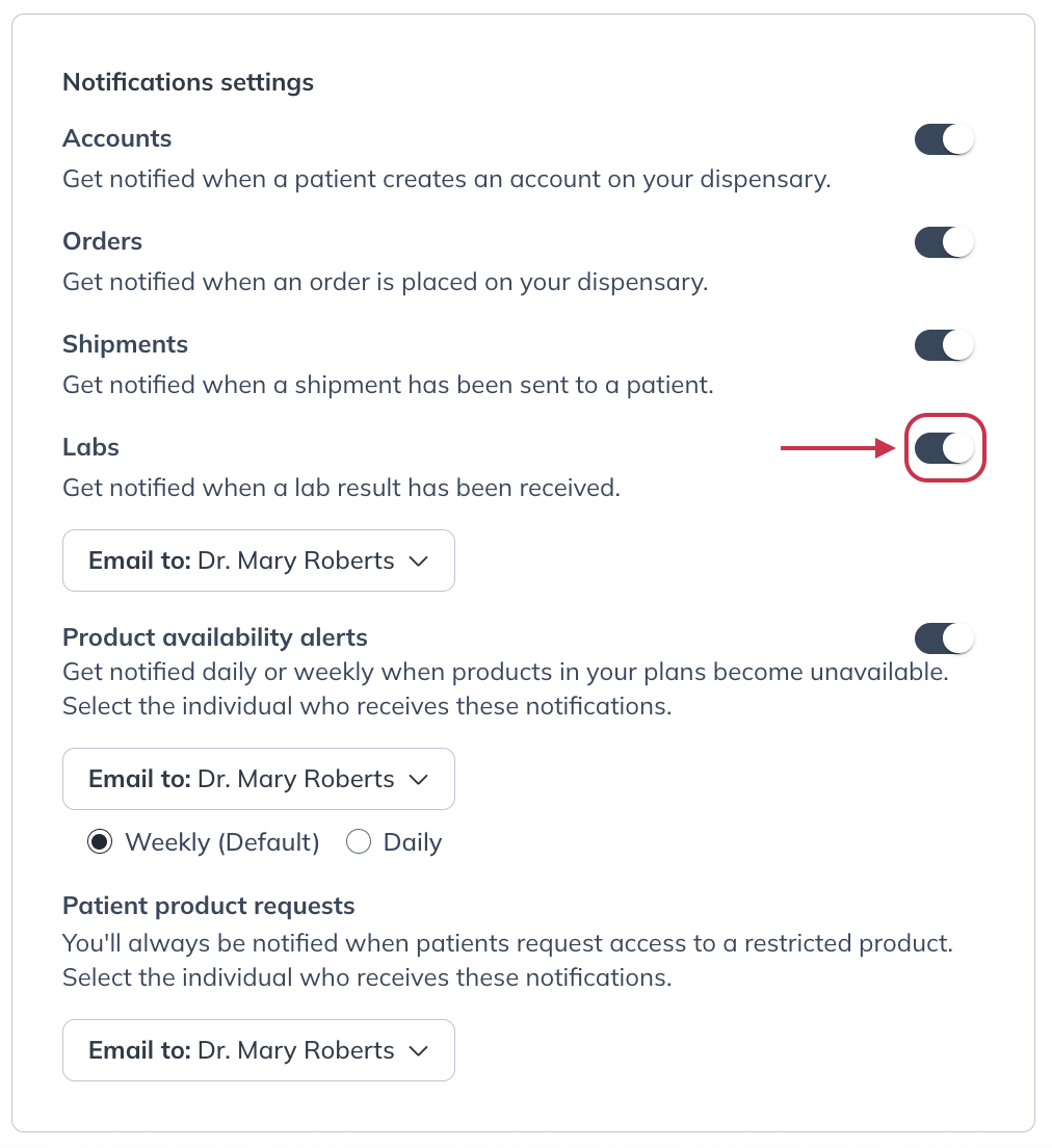 Adjust your settings to turn lab results email notifications on or off.