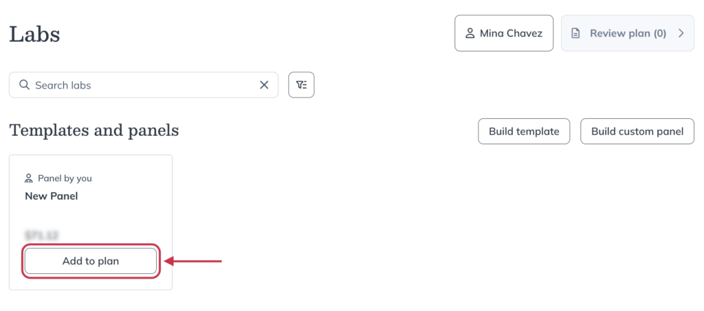 Adding a custom panel from the labs catalog home page by clicking Add to plan.
