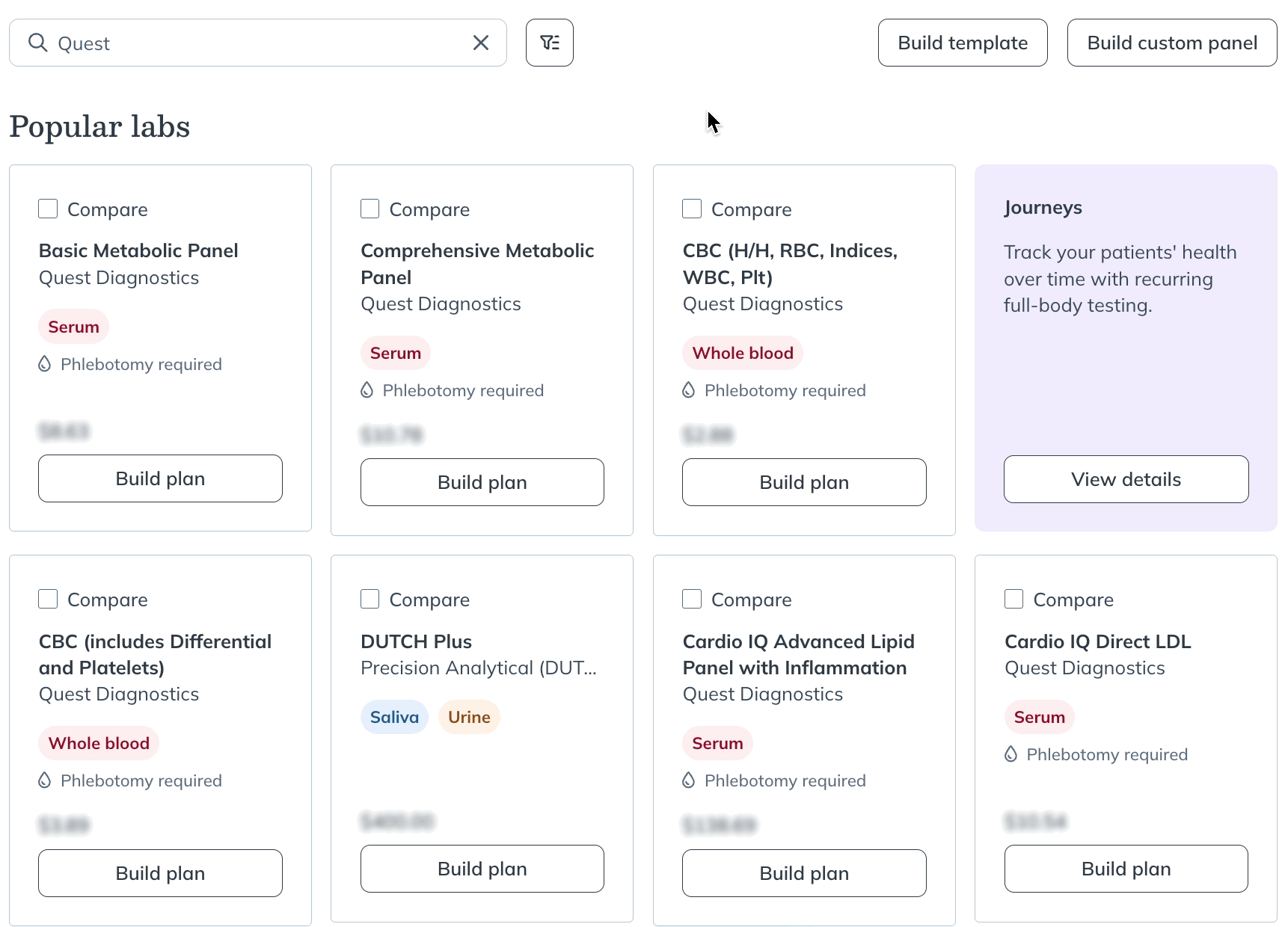 Using results filters in the labs catalog.