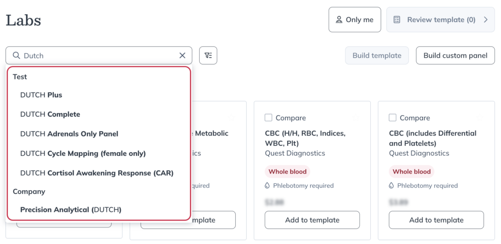 Using suggested searches in the labs catalog search.