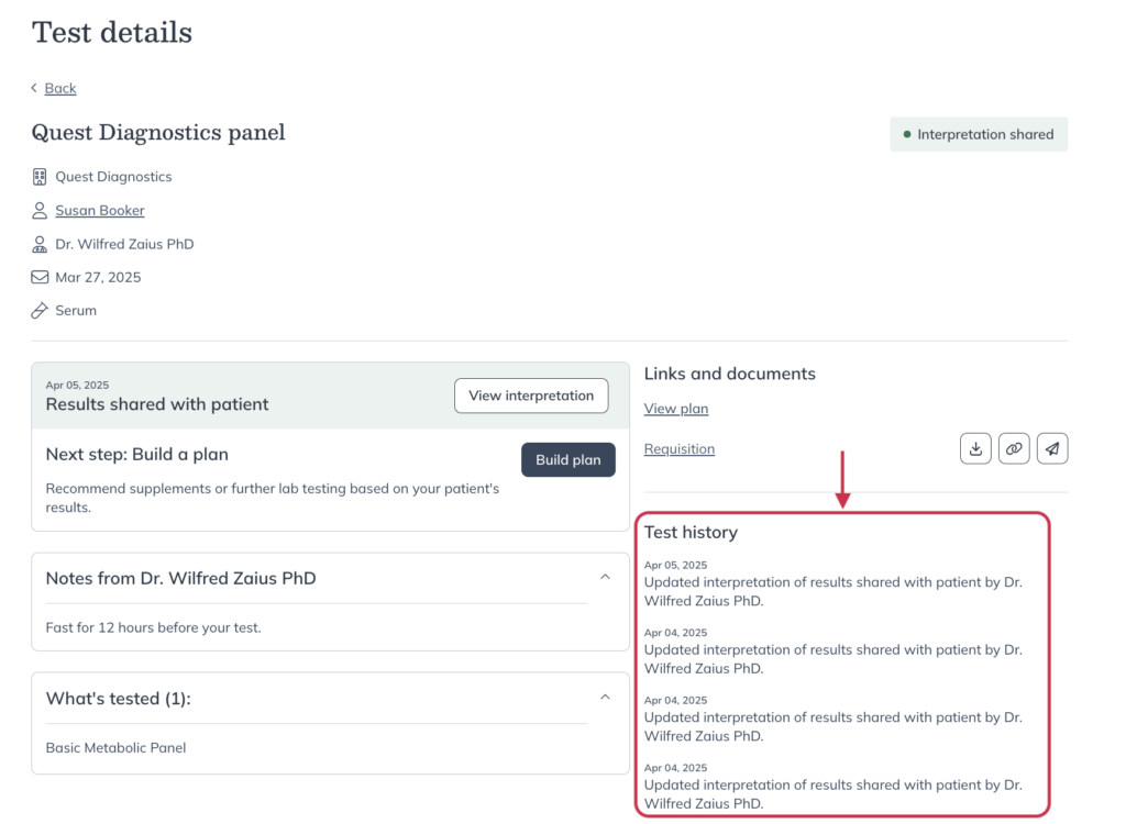 Viewing the test history on the test details page.