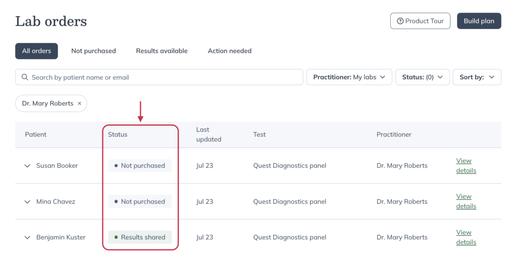 Test status indicators on the Lab orders dashboard.