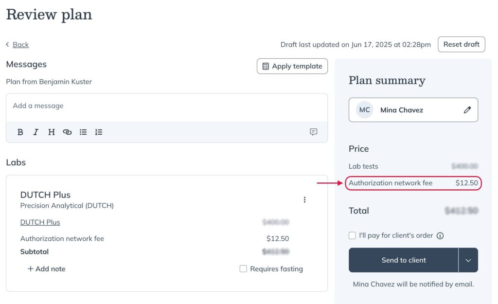 The Authorization network fee on the Review plan page.