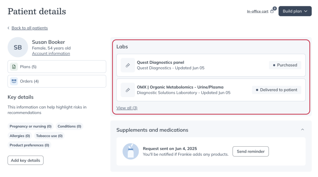 The labs section of the patient profile, with test statuses shown.