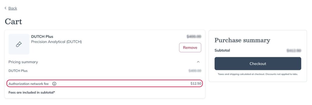 The Authorization network fee in the patient's cart during checkout.
