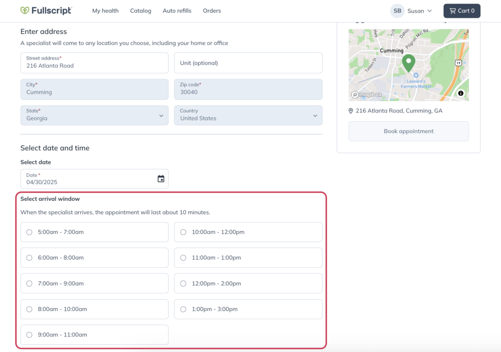 Selecting your arrival window for the Getlabs specialist.