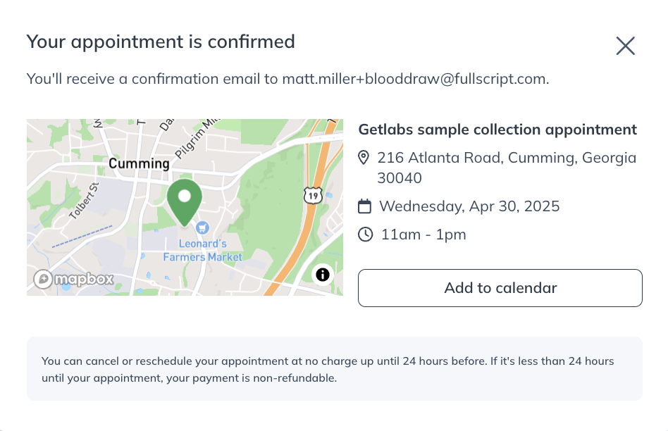 The appointment confirmation modal.