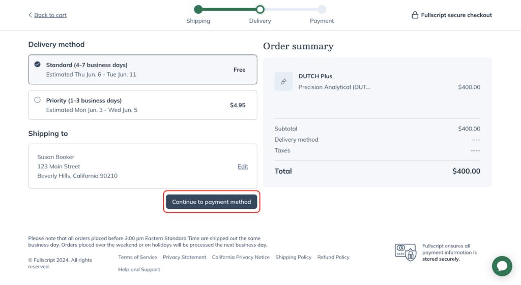 Showing the shipping options and continuing to payment method.