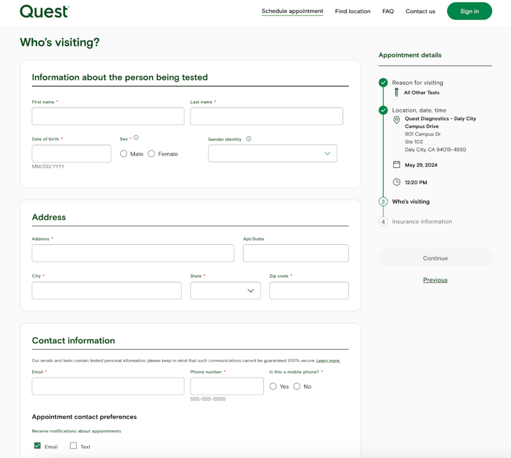 Showing the fields required to fill out to schedule an appointment.