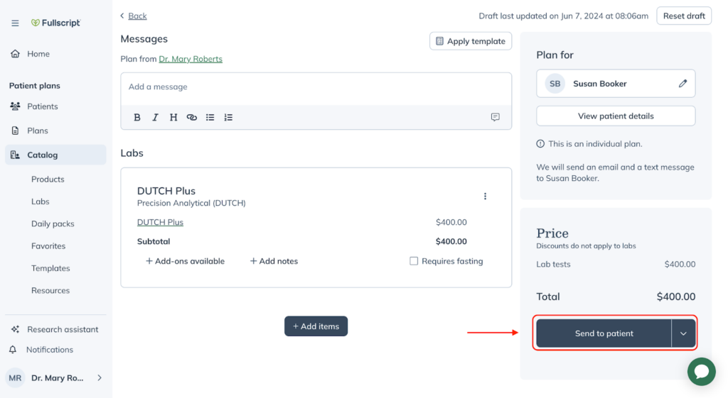 Showing the "Send to patient" button in the bottom-right.