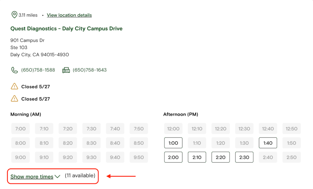 "Show more times" is viewable below the blocks for appointment slots.
