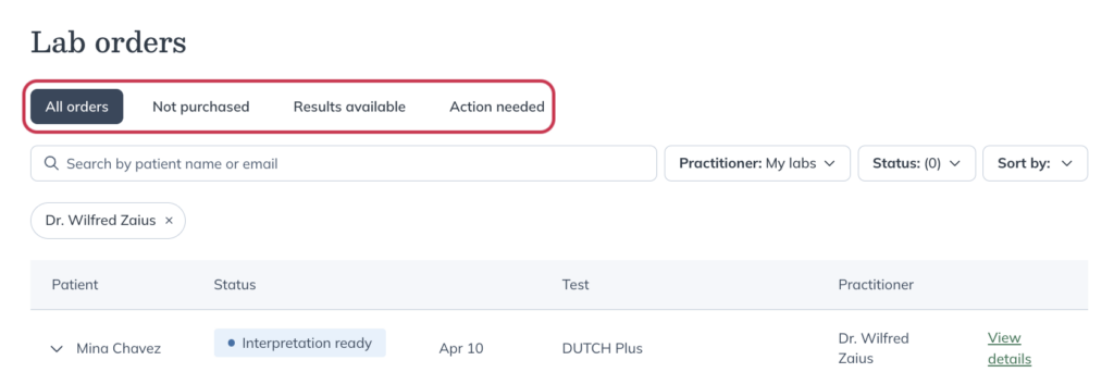 Use the filters at the top of your dashboard to quickly view orders by category.