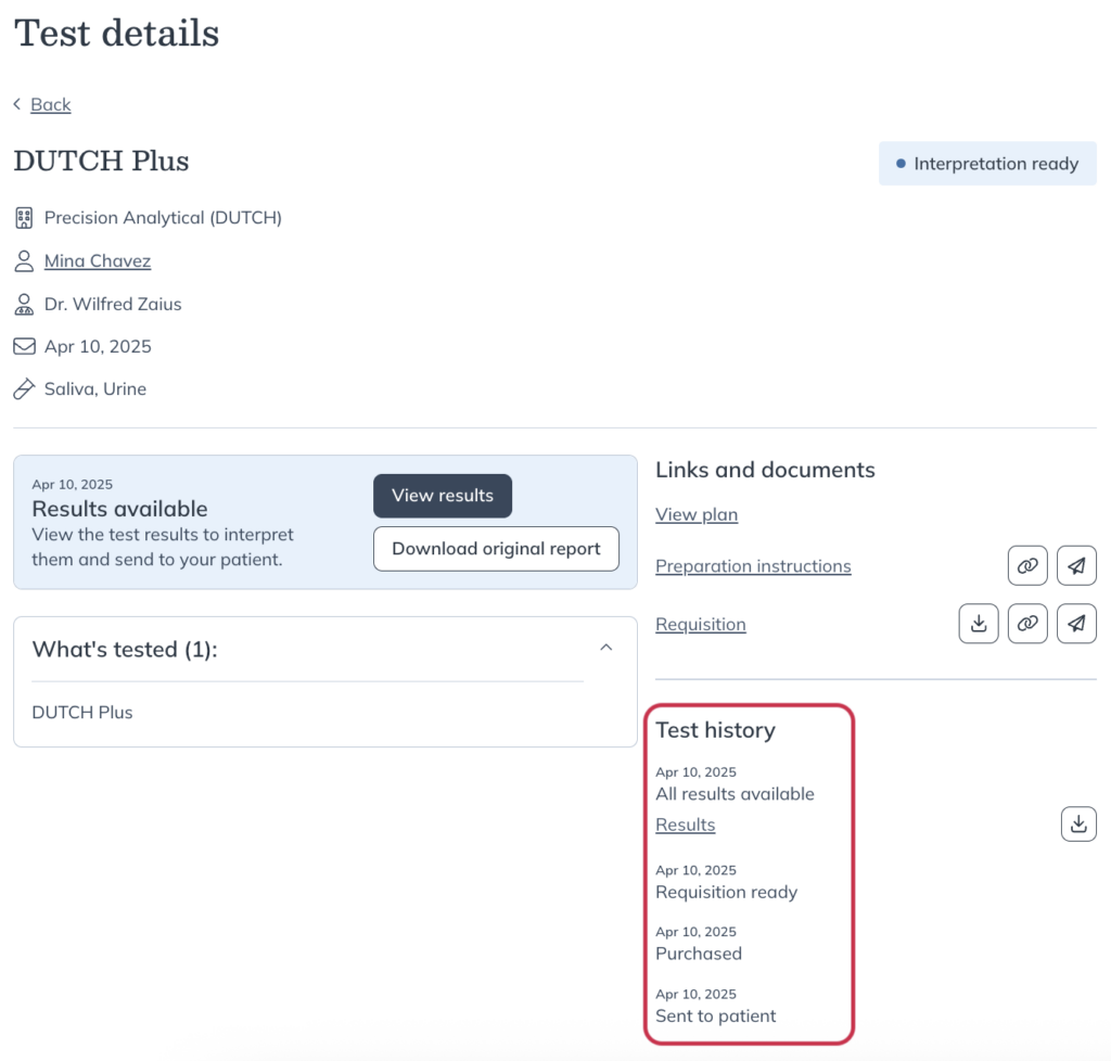Viewing the Test history on the Test details page.