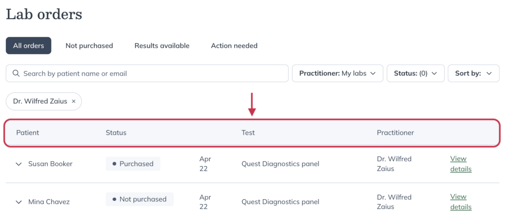 The column headings in the Lab orders dashboard.