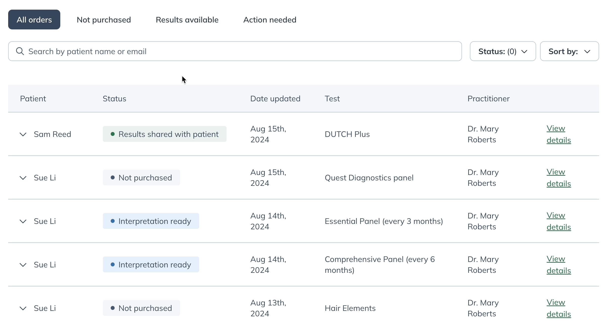 Opening the expanded view of a test to see all included biomarkers.