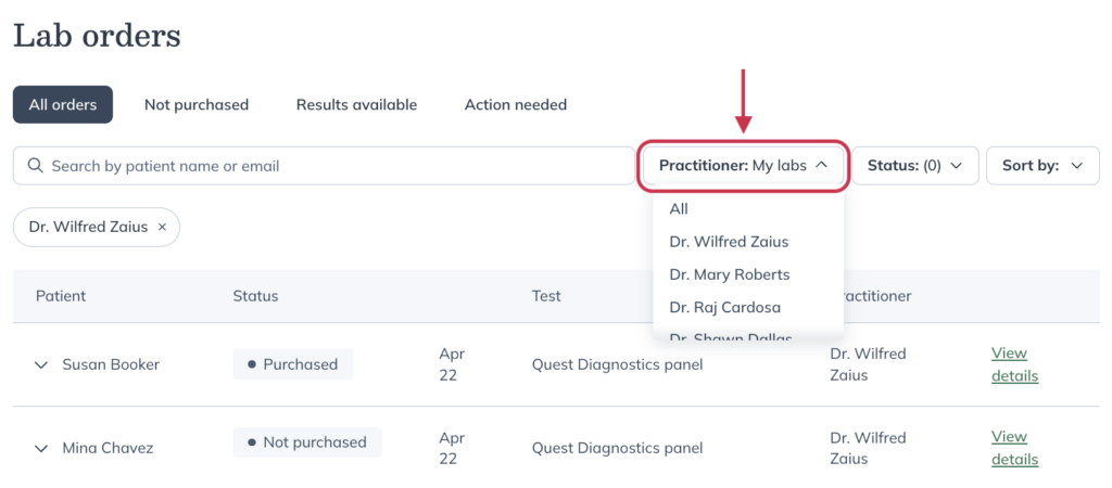 Using the Practitioner filter to see lab orders associated with each practitioner.