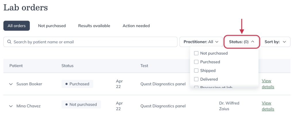 Using the Status filter in the Lab orders dashboard.