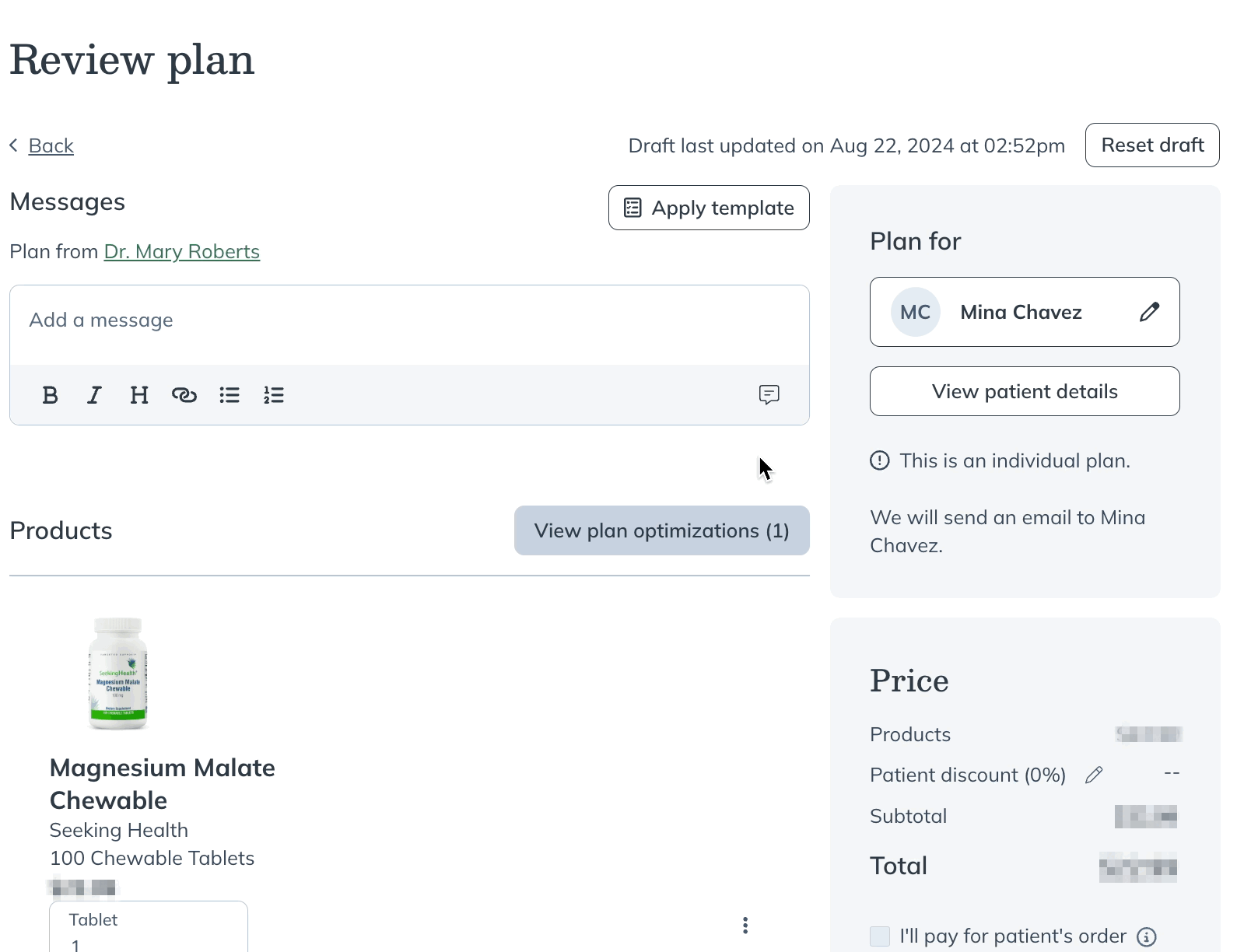 Viewing a patient's plan history from the review page.