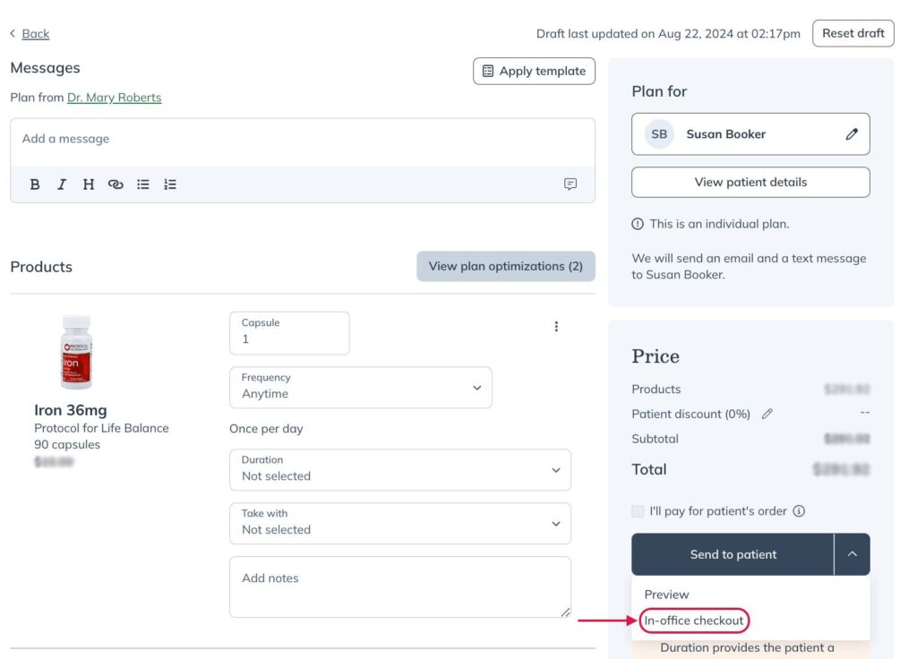 Select In-office checkout to place an order on the patient's behalf.