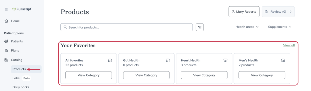 Viewing your favorites categories in the patient plans catalog.