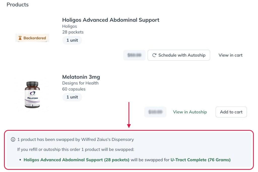 A product swap banner in the patient's order history.