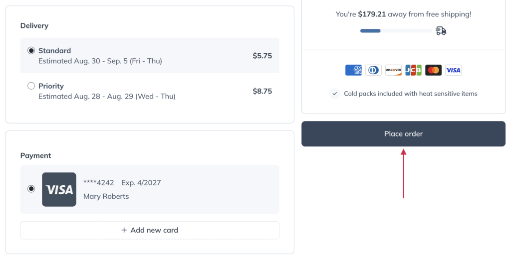 clicking place order to submit an order at the final step of checkout.