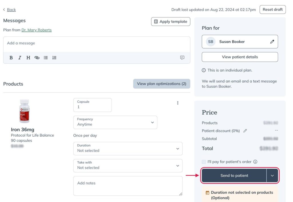 Select Send to patient to send a plan to a patient.