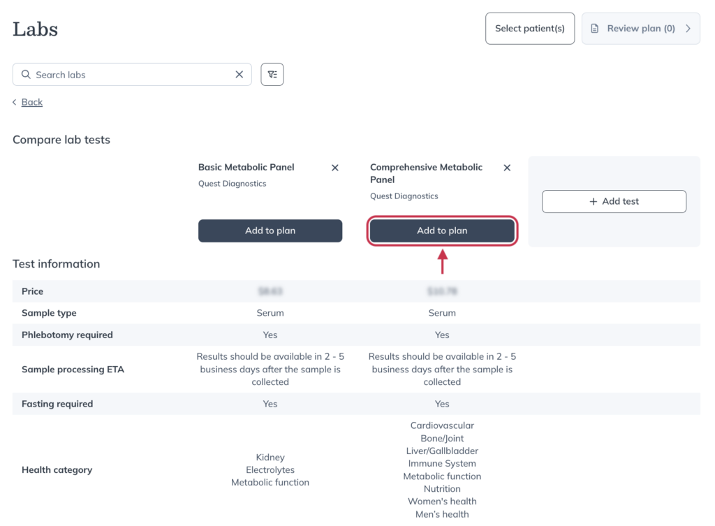 Adding a lab to your plan from the labs comparison tool.