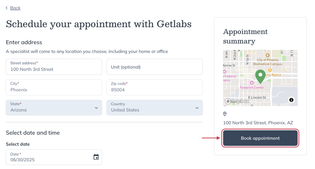 Complete your Getlabs appointment booking.