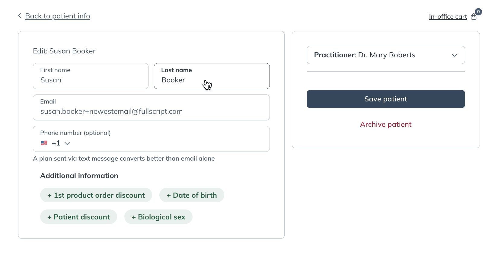 Editing a patient's first and last name and clicking Save patient.