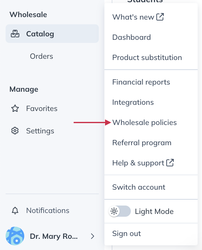 Wholesale policies in the avatar menu