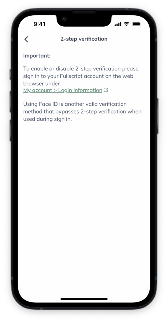 Attempting to access 2-step verification in the mobile app.