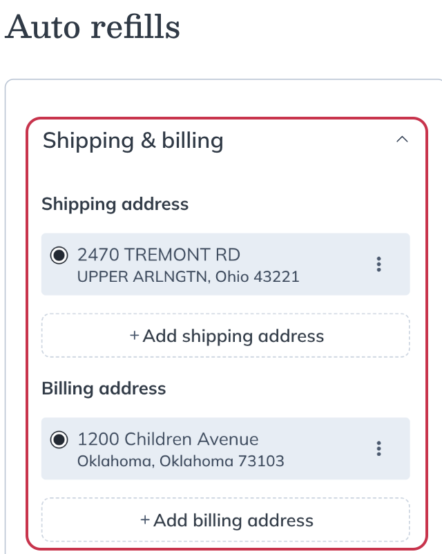 The address management section on the Auto refills screen.