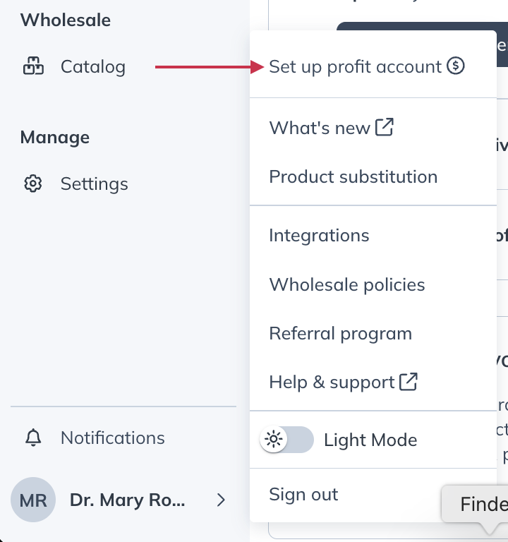 Set up profit account in avatar menu