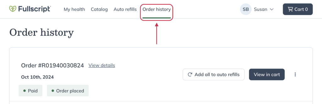 Viewing recent order history in a patient account. 