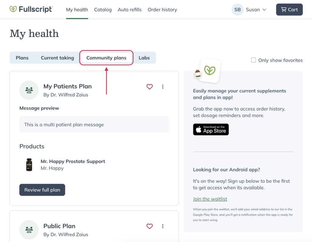 The Community plans tab on the My health page.