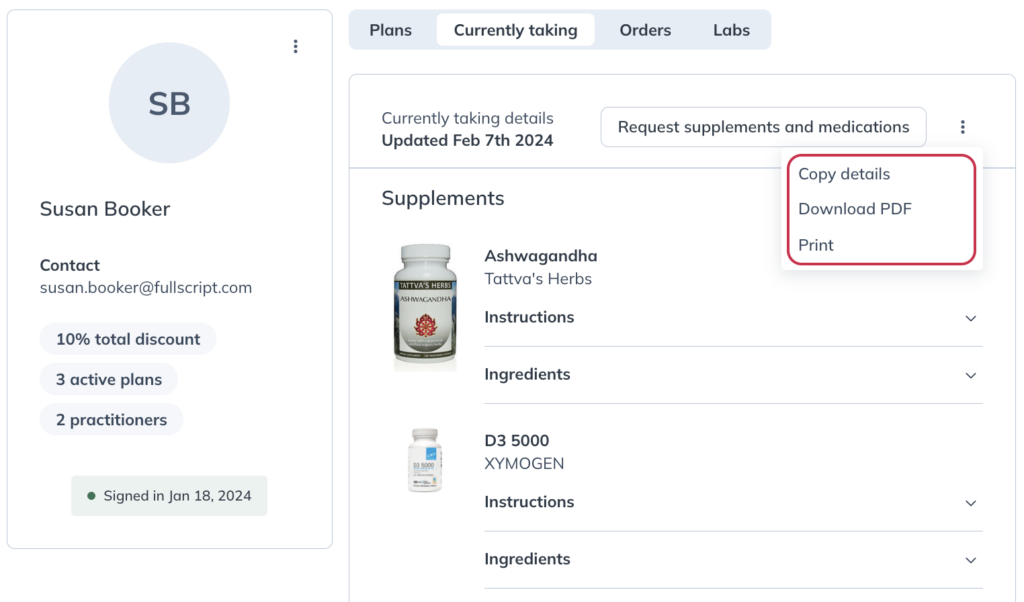 Exporting current supplement and medication data from a patient profile.