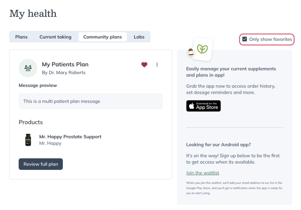 Viewing favorited plans in a patient account.