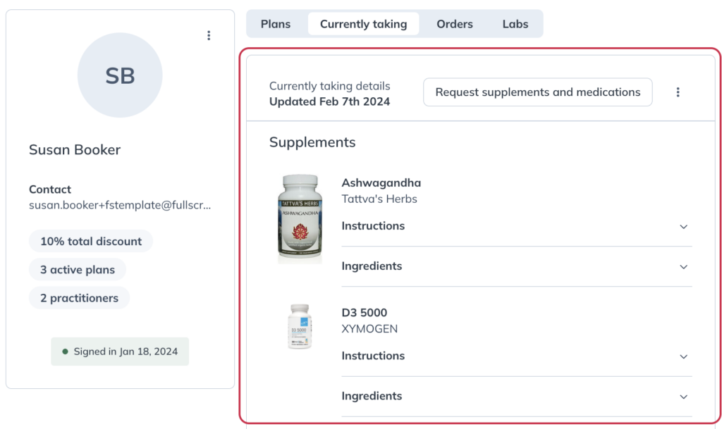 Viewing Current supplements on a patient profile.