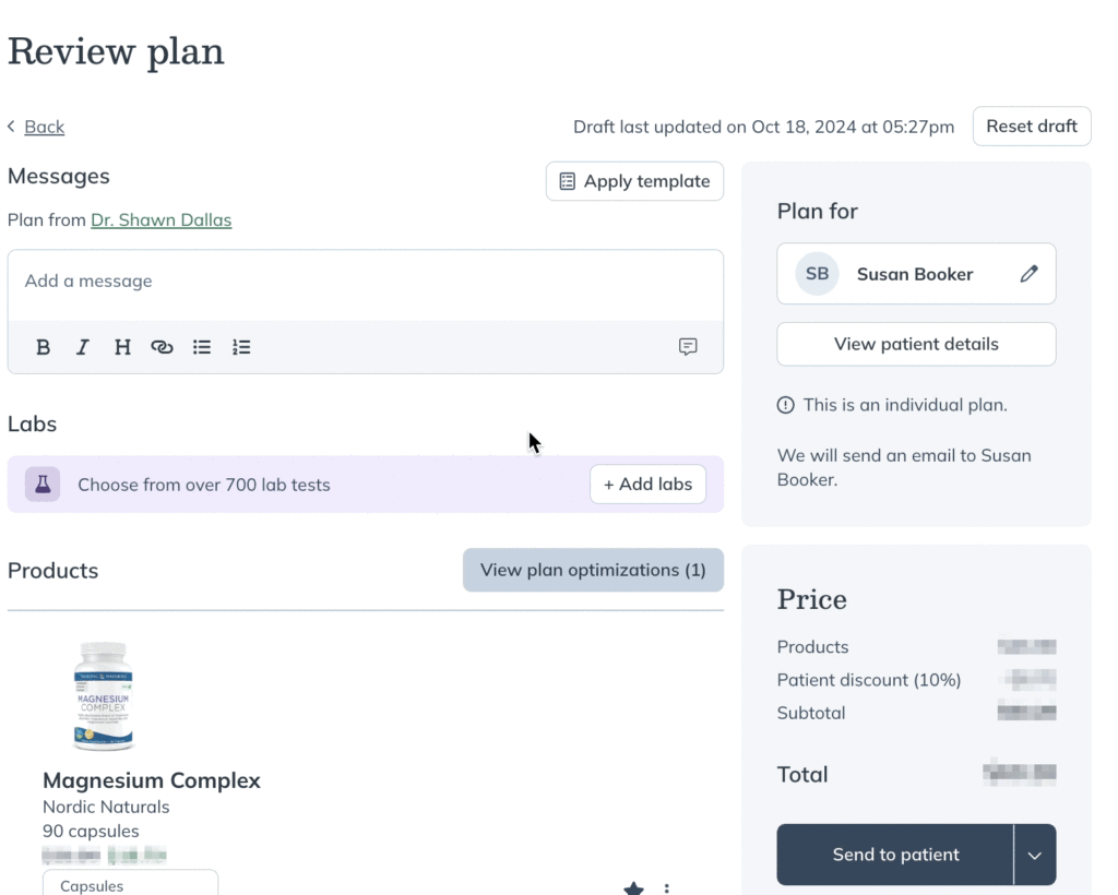 Viewing current supplements and medications in the plan building tool.