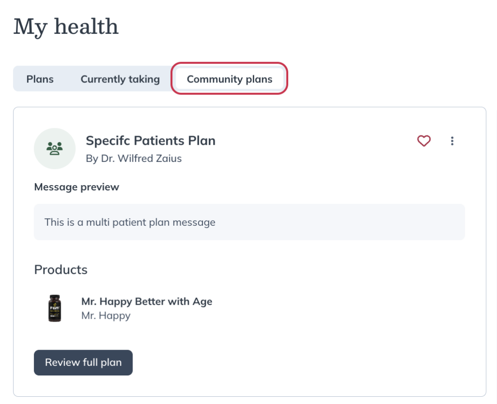 The Community plans tab of a patient account.