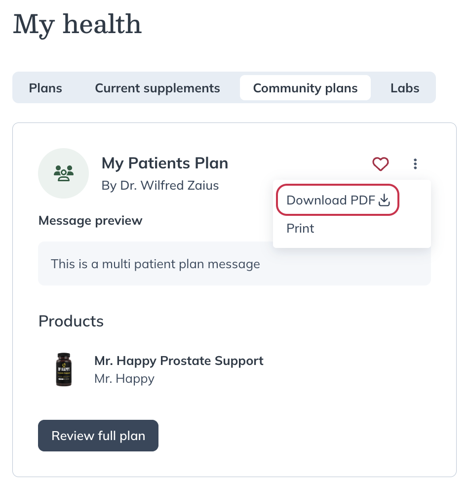 Select the more options menu to download or print a community plan.